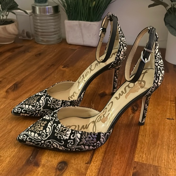 Sam Edelman Shoes - Sam Edelman Black and White Brocade Pointed-Toe Ankle-Strap Heels